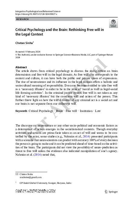 (PDF) Critical Psychology and the Brain: Rethinking Free will in the ...