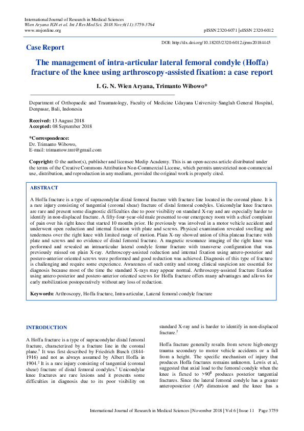 (PDF) The management of intra-articular lateral femoral condyle (Hoffa ...