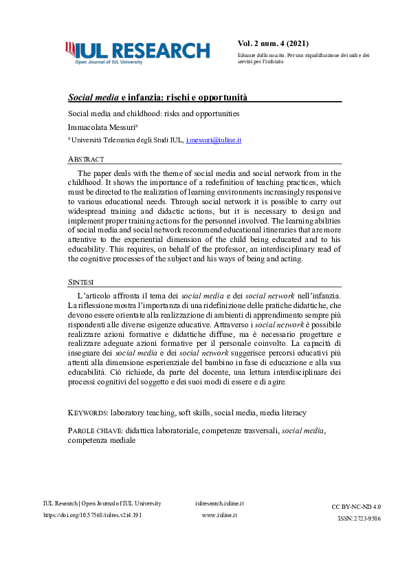 (PDF) Social media e infanzia: rischi e opportunità