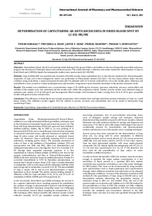 (PDF) DETERMINATION OF CAPECITABINE-AN ANTICANCER DRUG IN DRIED BLOOD ...
