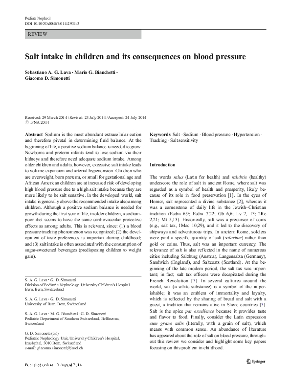 (PDF) Salt intake in children and its consequences on blood pressure