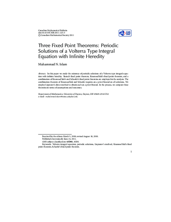 (PDF) Three Fixed Point Theorems: Periodic Solutions of a Volterra Type ...