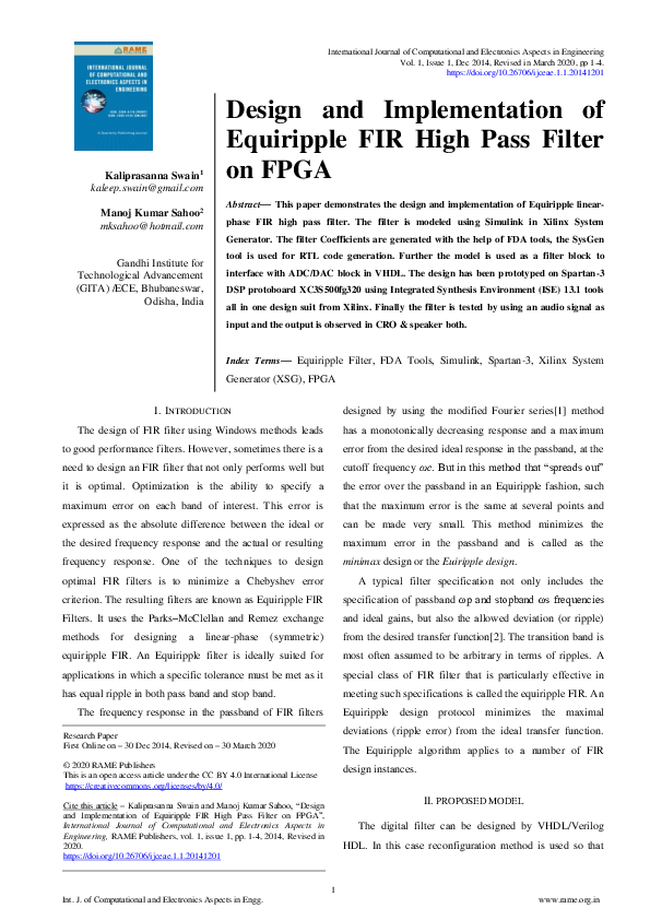 (PDF) Design and Implementation of Equiripple FIR High Pass Filter on FPGA