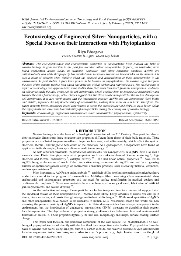 (PDF) Ecotoxicology of Engineered Silver Nanoparticles, with a Special ...
