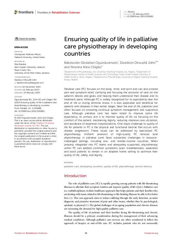 (PDF) Ensuring quality of life in palliative care physiotherapy in ...