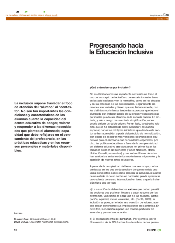 (PDF) Progresando hacia la Educación Inclusiva