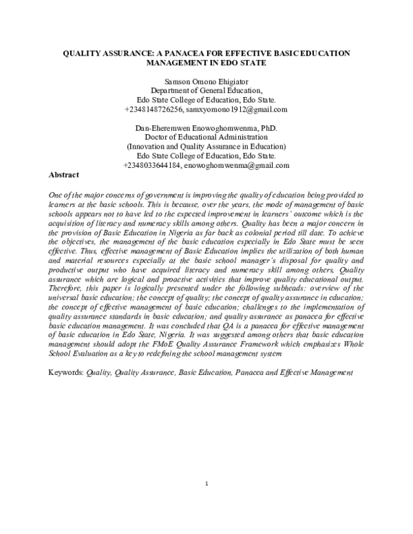 (DOC) QUALITY ASSURANCE: A PANACEA FOR EFFECTIVE BASIC EDUCATION ...