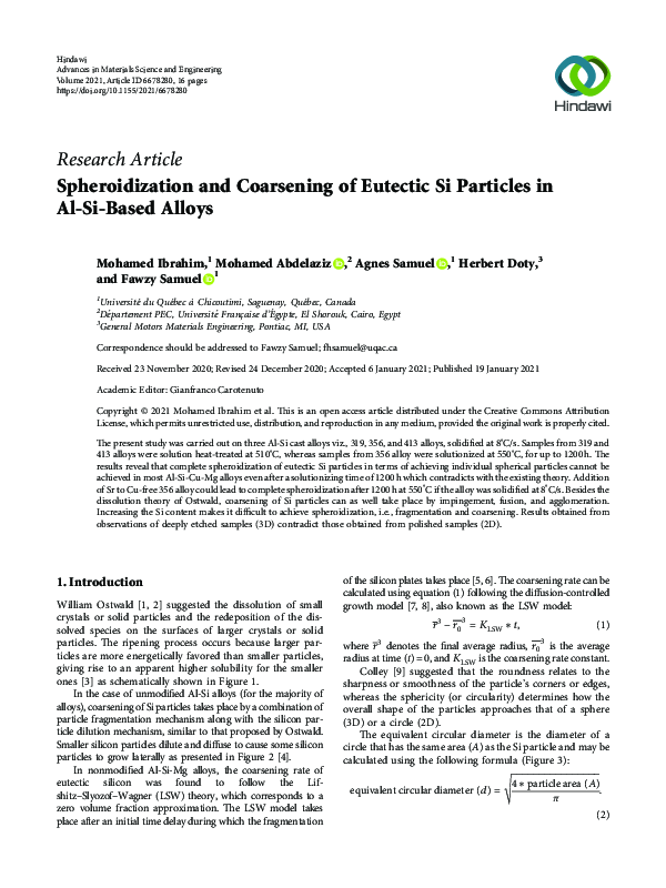 (PDF) Spheroidization and Coarsening of Eutectic Si Particles in Al-Si ...