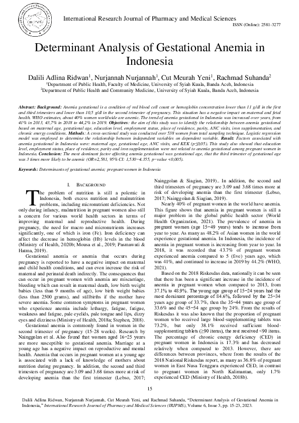 (PDF) Determinant Analysis of Gestational Anemia in Indonesia