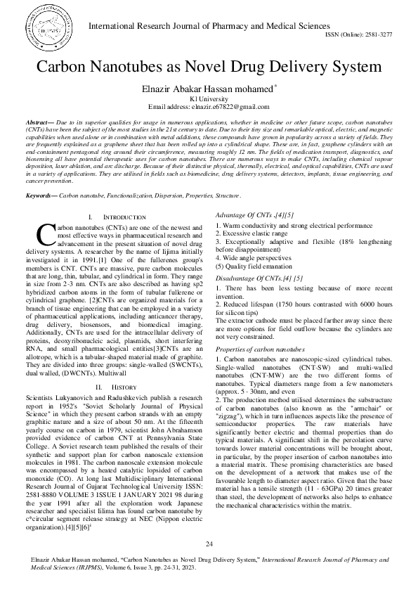(PDF) Carbon Nanotubes as Novel Drug Delivery System