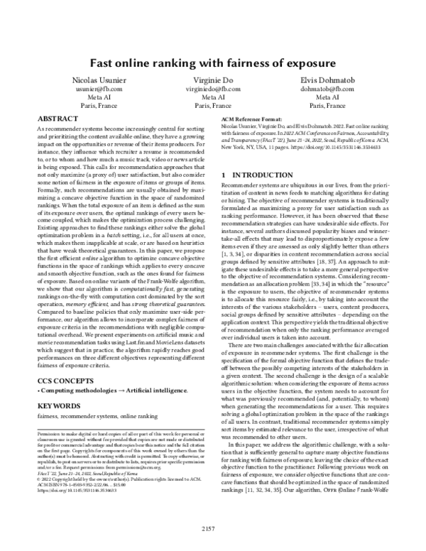 (PDF) Fast online ranking with fairness of exposure