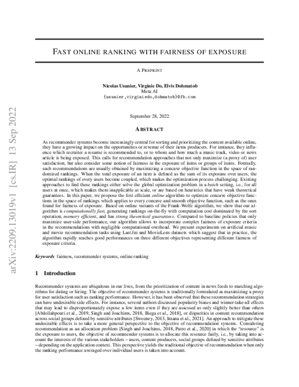 (PDF) Fast online ranking with fairness of exposure