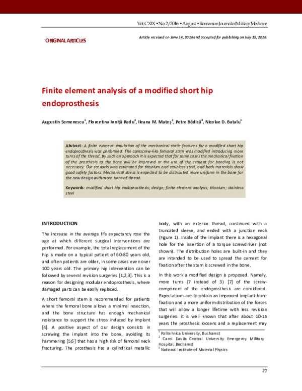 (PDF) Finite element analysis of a modified short hip endoprosthesis