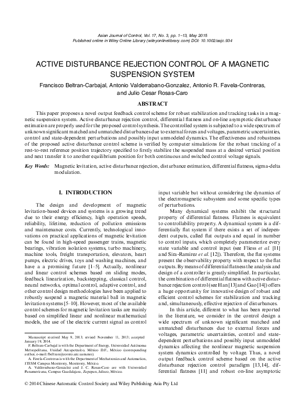 (PDF) Active Disturbance Rejection Control of a Magnetic Suspension System