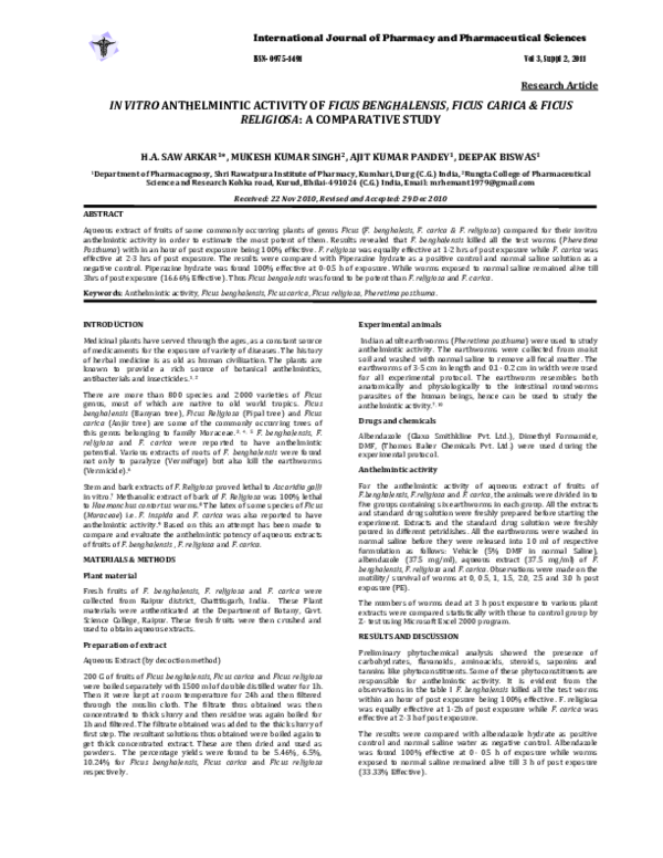 (PDF) In Vitro Anthelmintic Activity of Ficus Benghalensis, Ficus ...