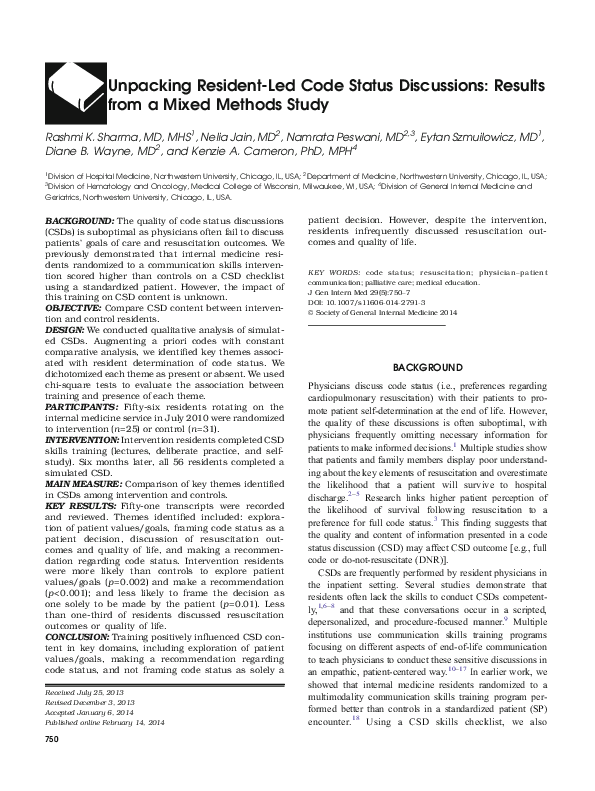 (PDF) Unpacking Resident-Led Code Status Discussions: Results from a ...