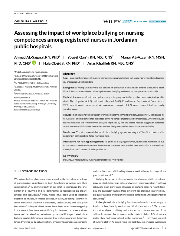 (PDF) Assessing the impact of workplace bullying on nursing competences ...