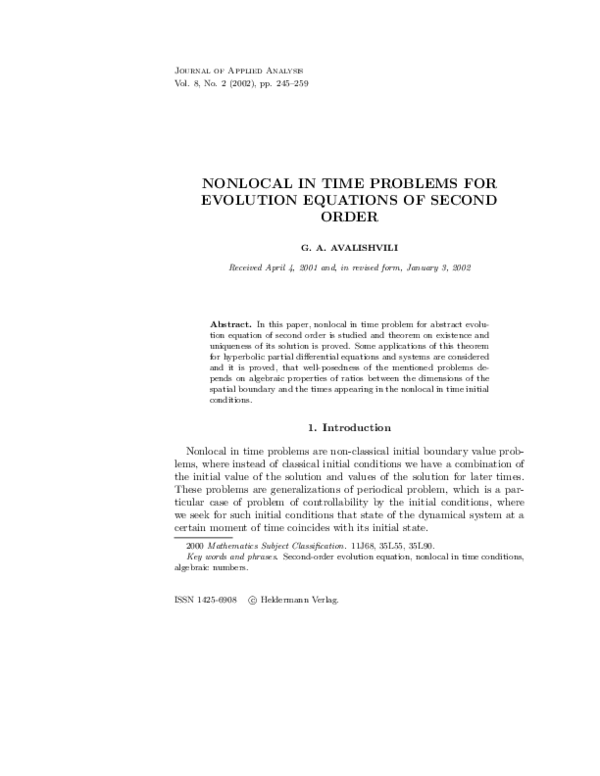 (PDF) Nonlocal in Time Problems for Evolution Equations of Second Order