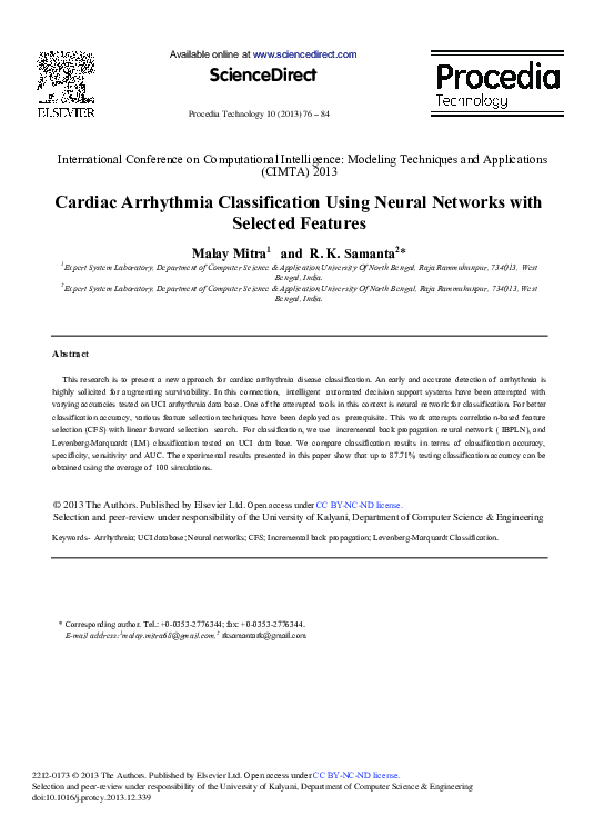 (PDF) Cardiac Arrhythmia Classification Using Neural Networks with ...