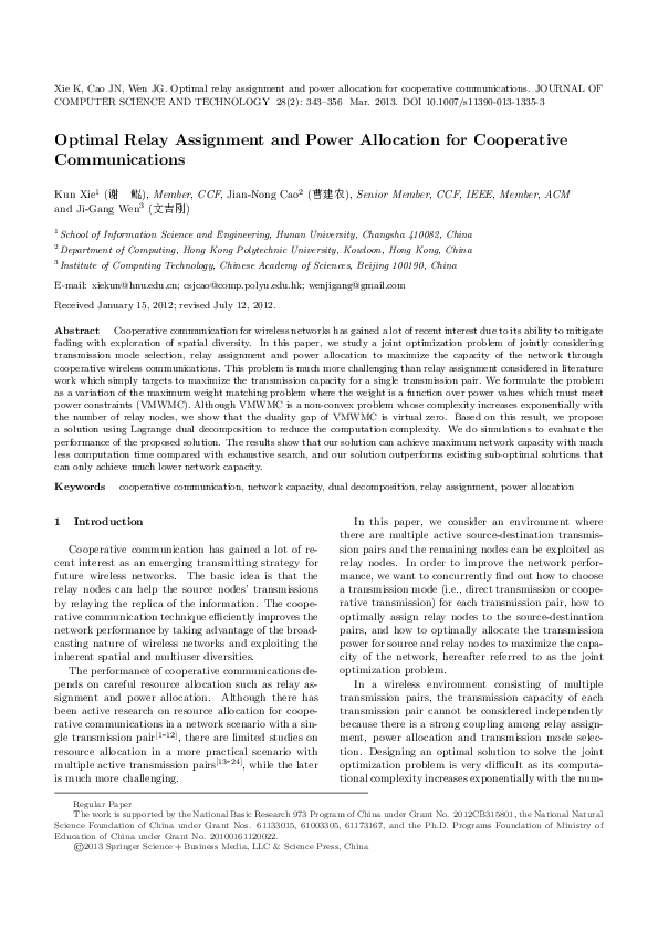 (PDF) Optimal Relay Assignment and Power Allocation for Cooperative ...