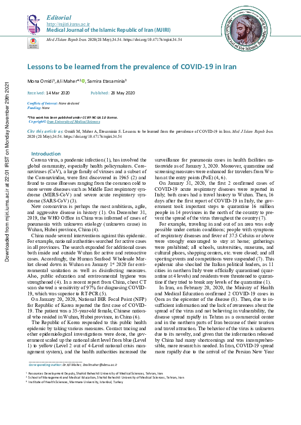 (PDF) Lessons to be learned from the prevalence of COVID-19 in Iran