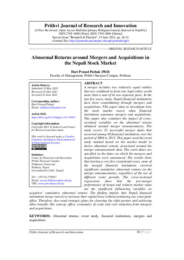 (PDF) Abnormal Returns around Mergers and Acquisitions in the Nepali ...