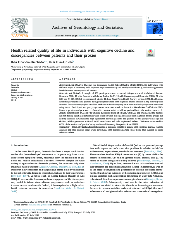 (PDF) Health related quality of life in individuals with cognitive ...