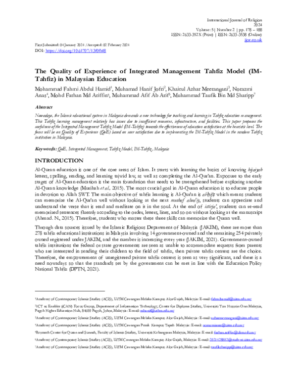 (PDF) The Quality of Experience of Integrated Management Tahfiz Model ...
