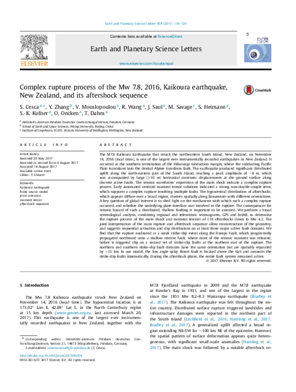 Complex rupture process of the Mw 7.8, 2016, Kaikoura earthquake, New Zealand, and its aftershock sequence