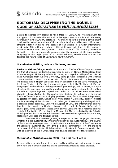 (PDF) Editorial: Deciphering the Double Code of Sustainable Multilingualism