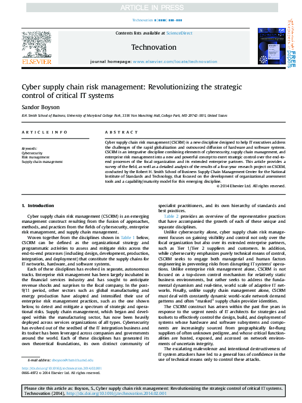 (PDF) Cyber supply chain risk management: Revolutionizing the strategic ...