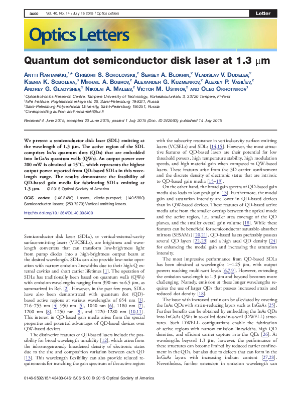 (PDF) Quantum dot semiconductor disk laser at 13 μm | Grigorii ...