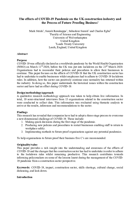 (PDF) The effects of COVID-19 pandemic on the UK construction industry ...