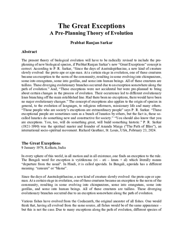 (PDF) The Great Exceptions--A Pre-Planning Theory of Evolution