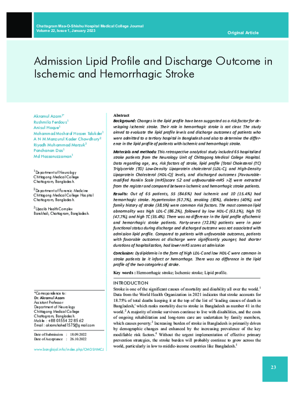 (PDF) Admission Lipid Profile and Discharge Outcome in Ischemic and ...