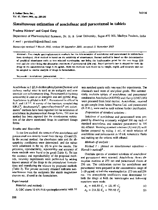 (PDF) Simultaneous Estimation of Aceclofenac and Paracetamol in Bulk ...