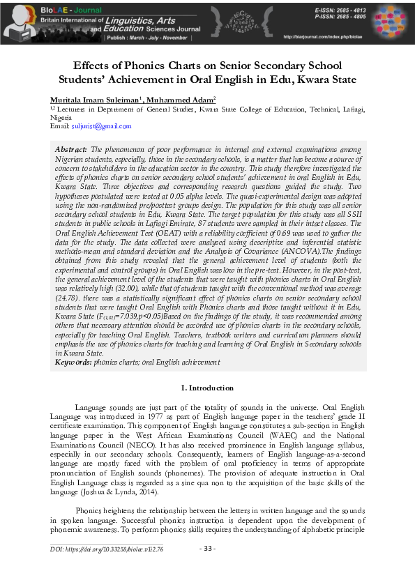 (PDF) Effects of Phonics Charts on Senior Secondary School Students ...