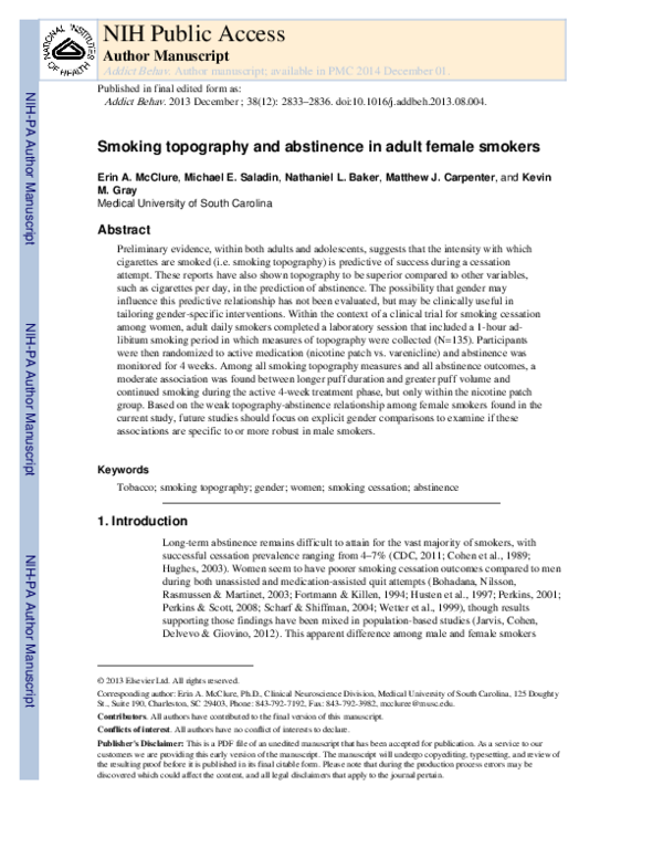 (PDF) Smoking topography and abstinence in adult female smokers