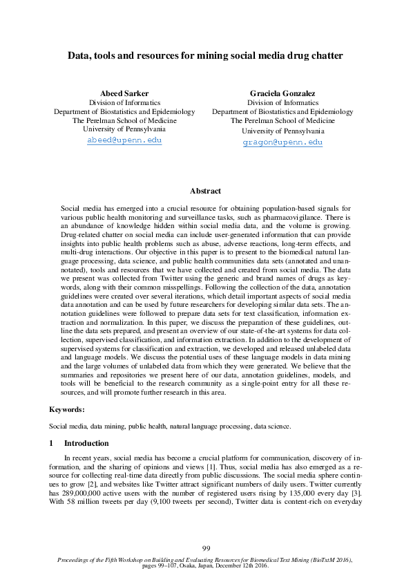 (PDF) Data, tools and resources for mining social media drug chatter