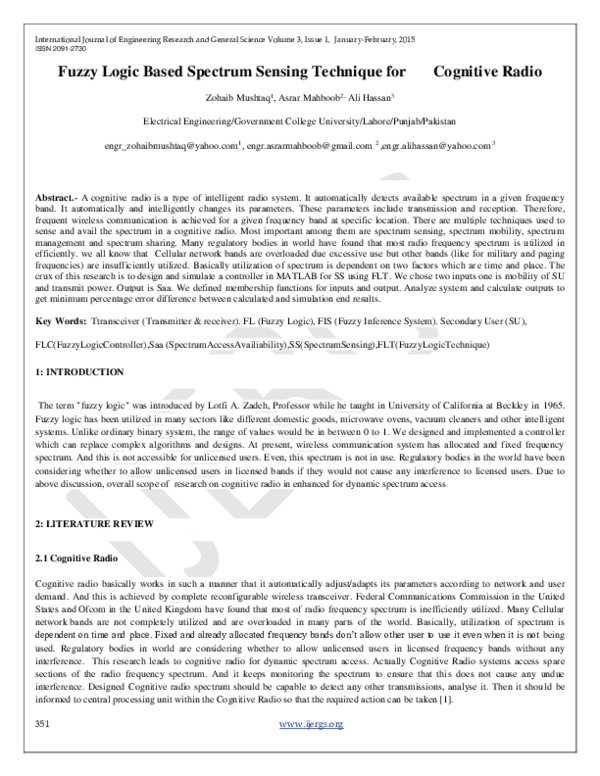 (PDF) Fuzzy Logic Based Spectrum Sensing Technique for Cognitive Radio