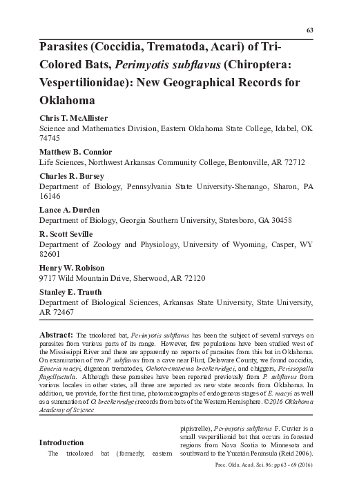 (PDF) Parasites (Coccidia, Trematoda, Acari) of Tri- Colored Bats ...