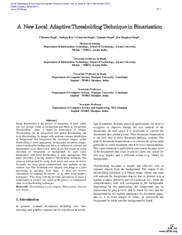 (PDF) A New Local Adaptive Thresholding Technique in Binarization