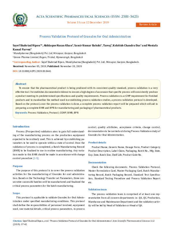 (PDF) Process Validation Protocol of Granules for Oral Administration