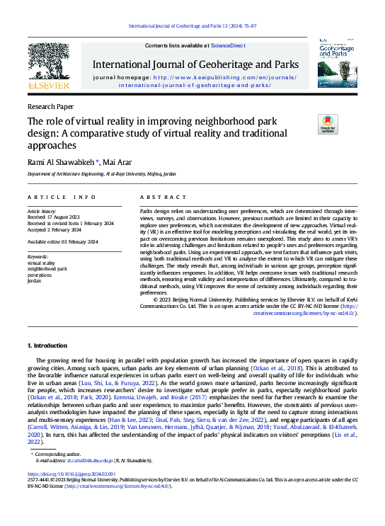 (PDF) The role of virtual reality in improving neighborhood park design ...