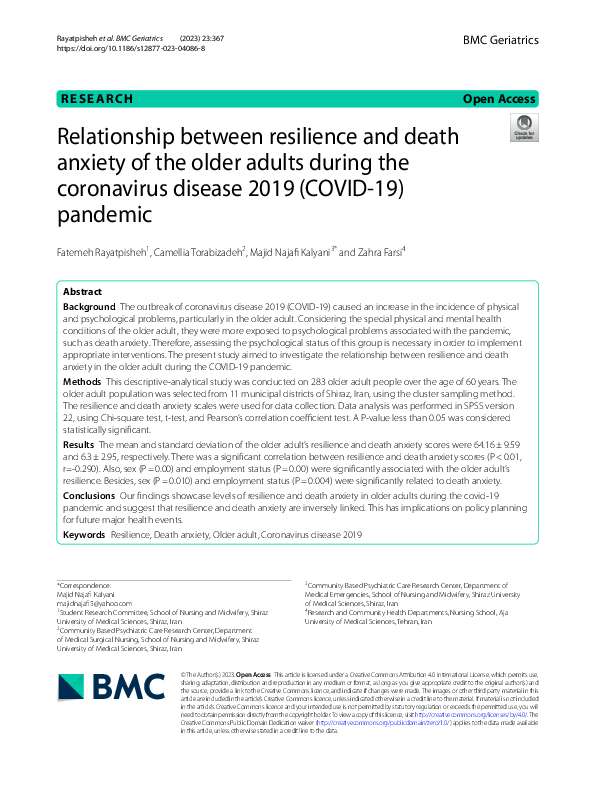 (PDF) Relationship between resilience and death anxiety of the older ...