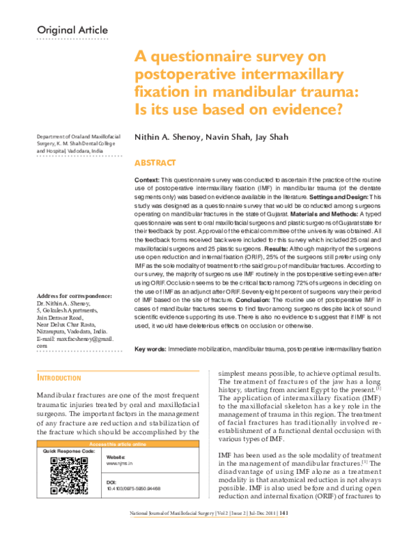(PDF) A questionnaire survey on postoperative intermaxillary fixation ...