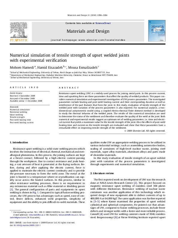 (PDF) Numerical simulation of tensile strength of upset welded joints ...