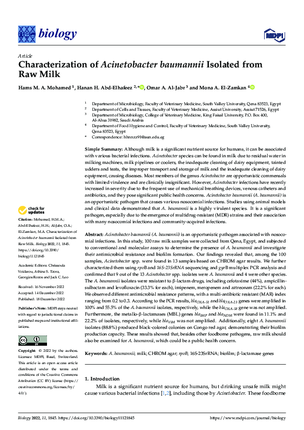 (PDF) Characterization of Acinetobacter baumannii Isolated from Raw Milk