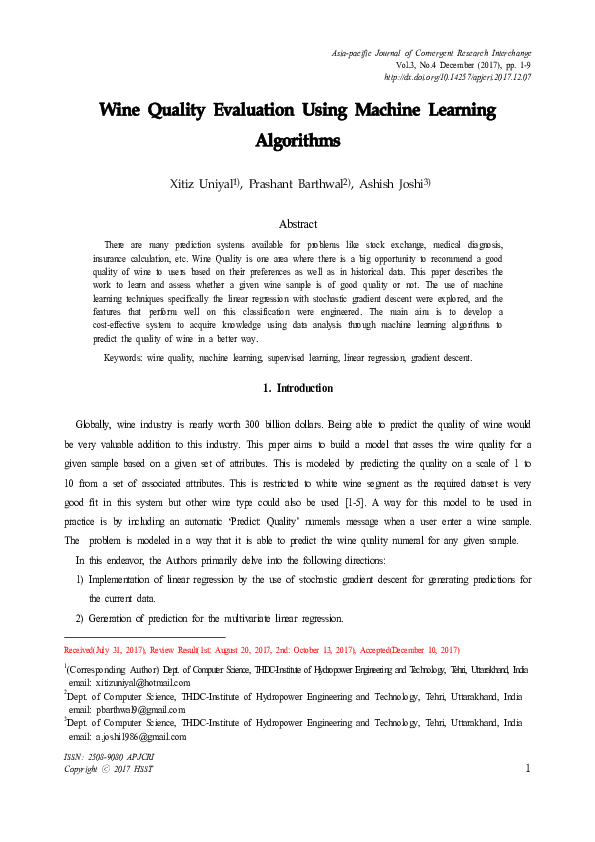 (PDF) Wine Quality Evaluation Using Machine Learning Algorithms