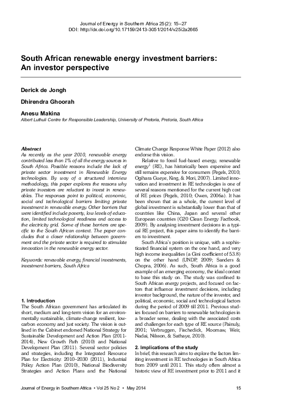 (PDF) South African renewable energy investment barriers: An investor ...